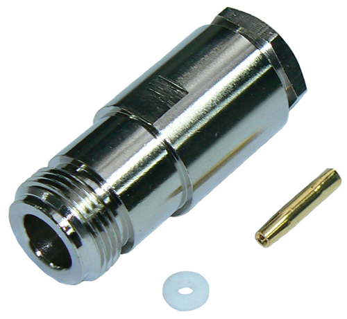 N-type female solder pin, clamp-style connector for RU400 low loss, solid core coaxial cable and RG8 coaxial cable, DC-11 GHz, 50 Ohms – nickel plated